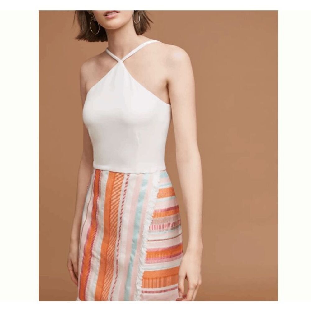 Hutch Kalyn Halter Dress Faux Wrap Fringed‎ Striped Jersey White Multi Size 2